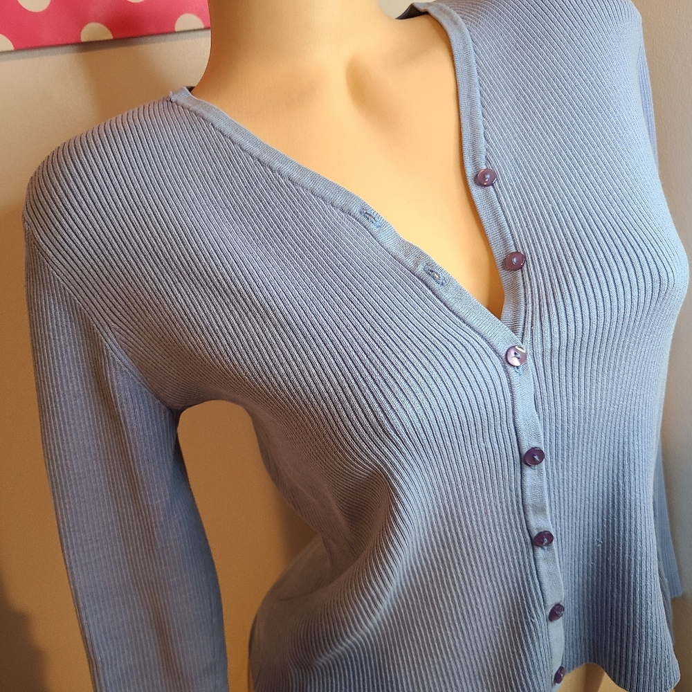 VTG Laura Scott Silk Blend Ribbed Cardigan Size Sm Blue - Picture 2 of 5